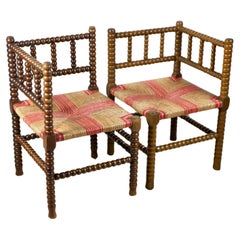 Antique Pair of Bobbin corner chairs, wood and straw, France, early 20th century