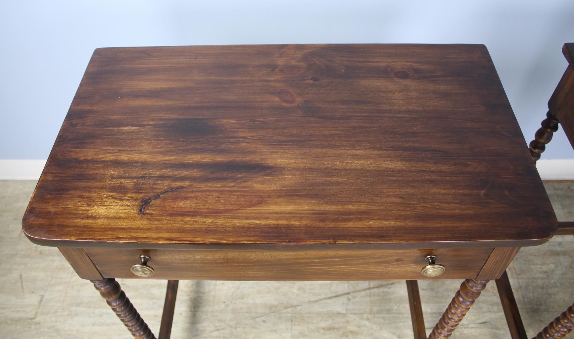 French Pair of Bobbin Turned Leg Side Tables, Custom Made of Old Wood