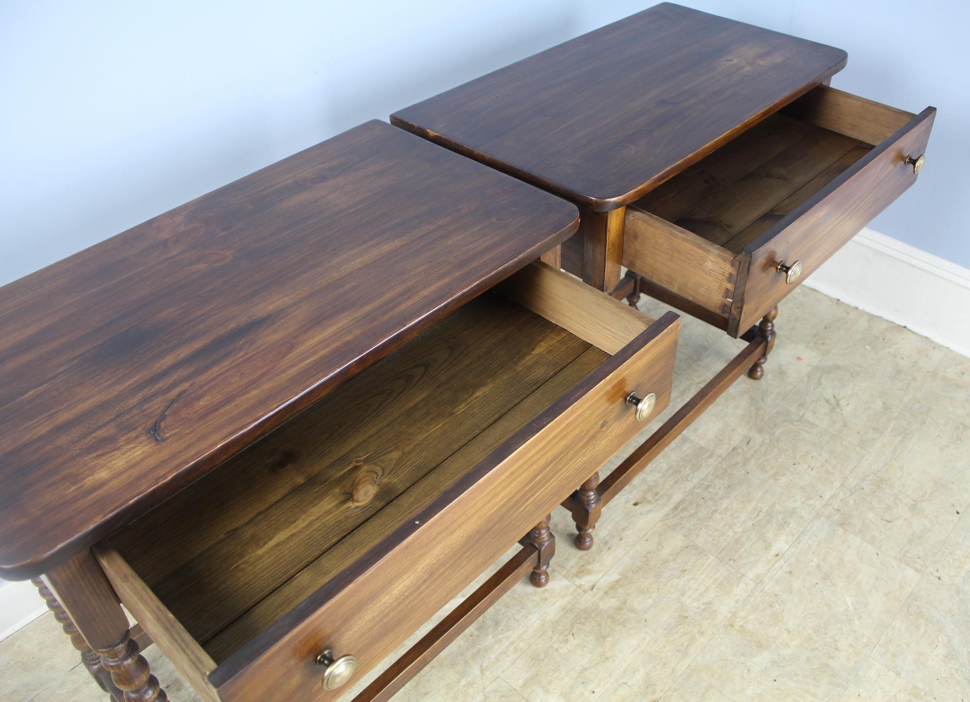 Walnut Pair of Bobbin Turned Leg Side Tables, Custom Made of Old Wood
