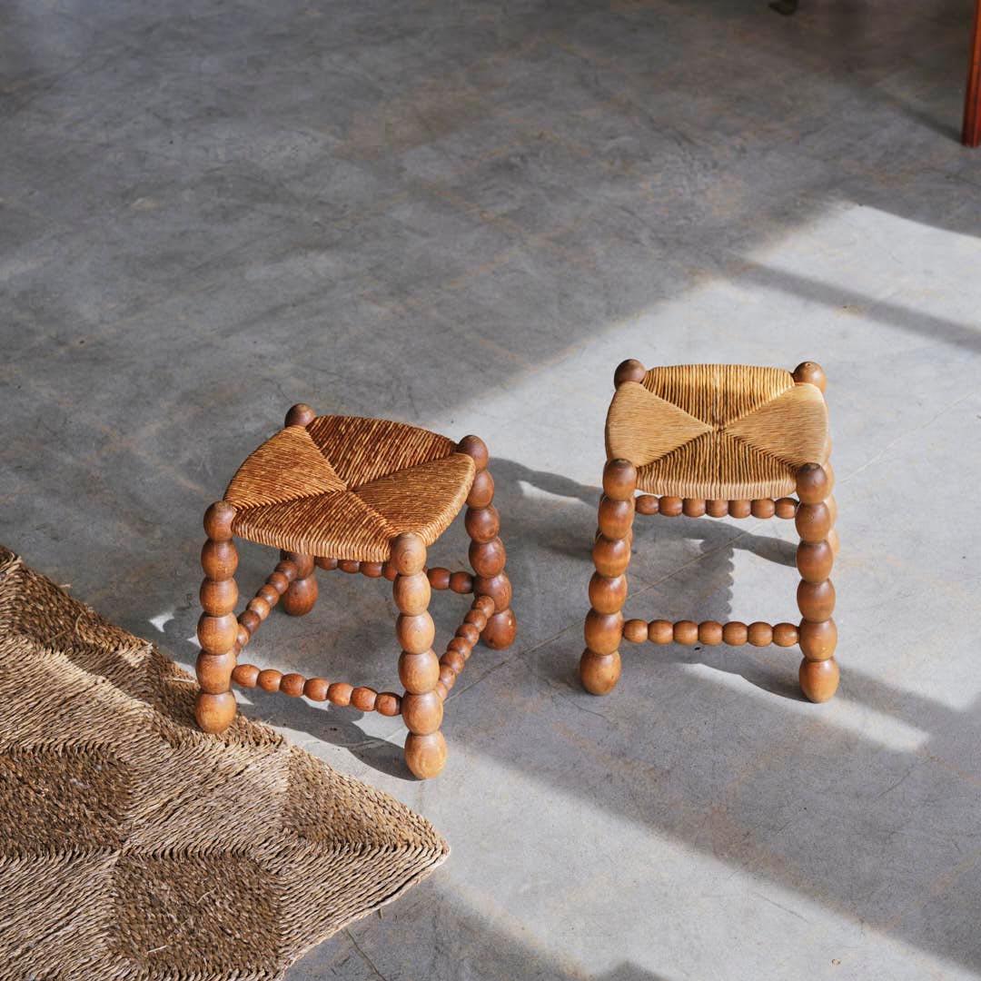French Pair of Bobbin Wood and Woven Stools