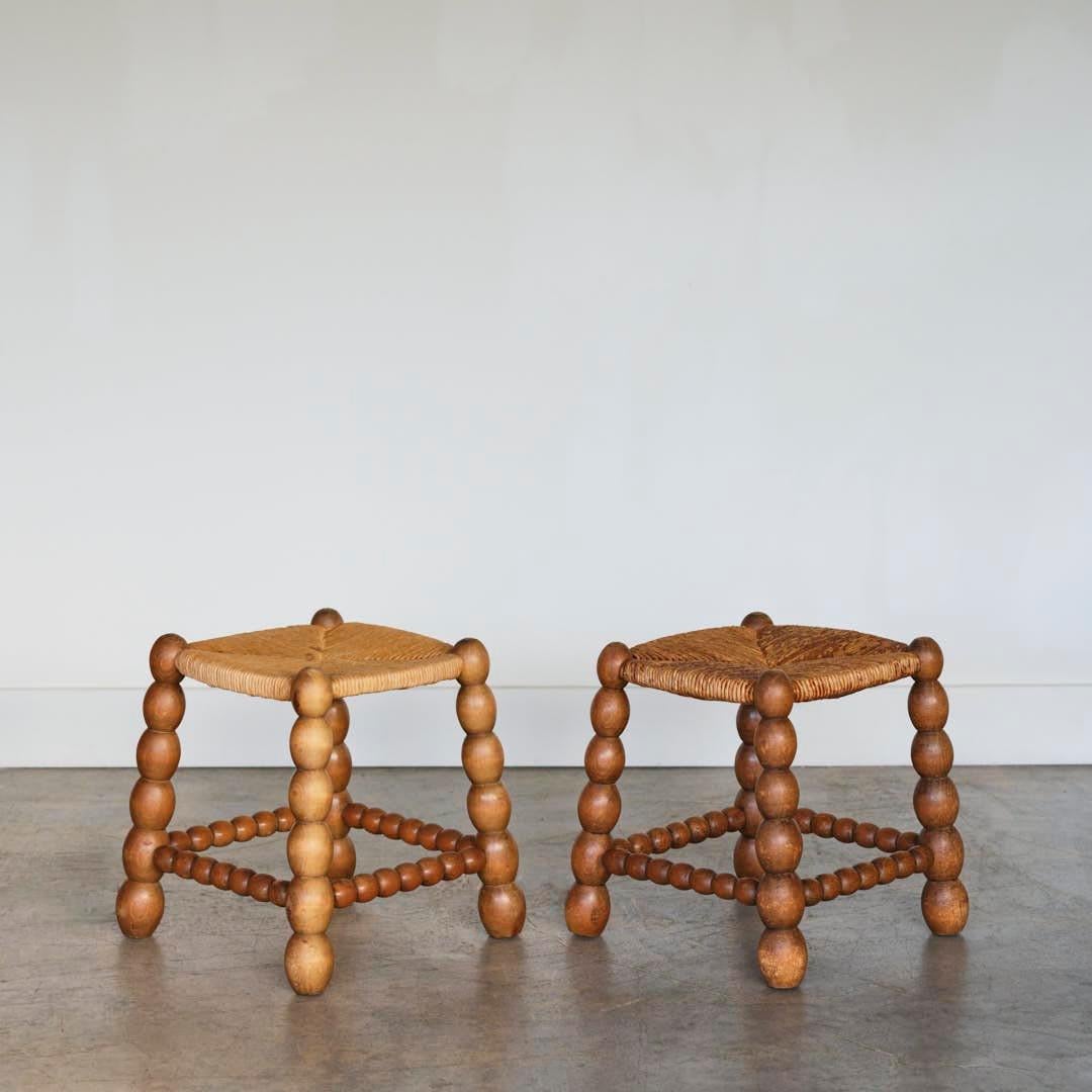 Pair of Bobbin Wood and Woven Stools In Good Condition In Los Angeles, CA