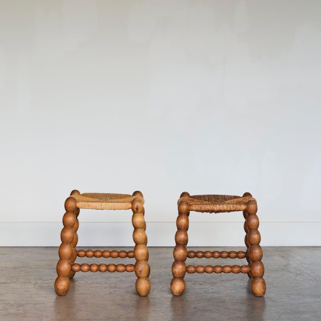 20th Century Pair of Bobbin Wood and Woven Stools