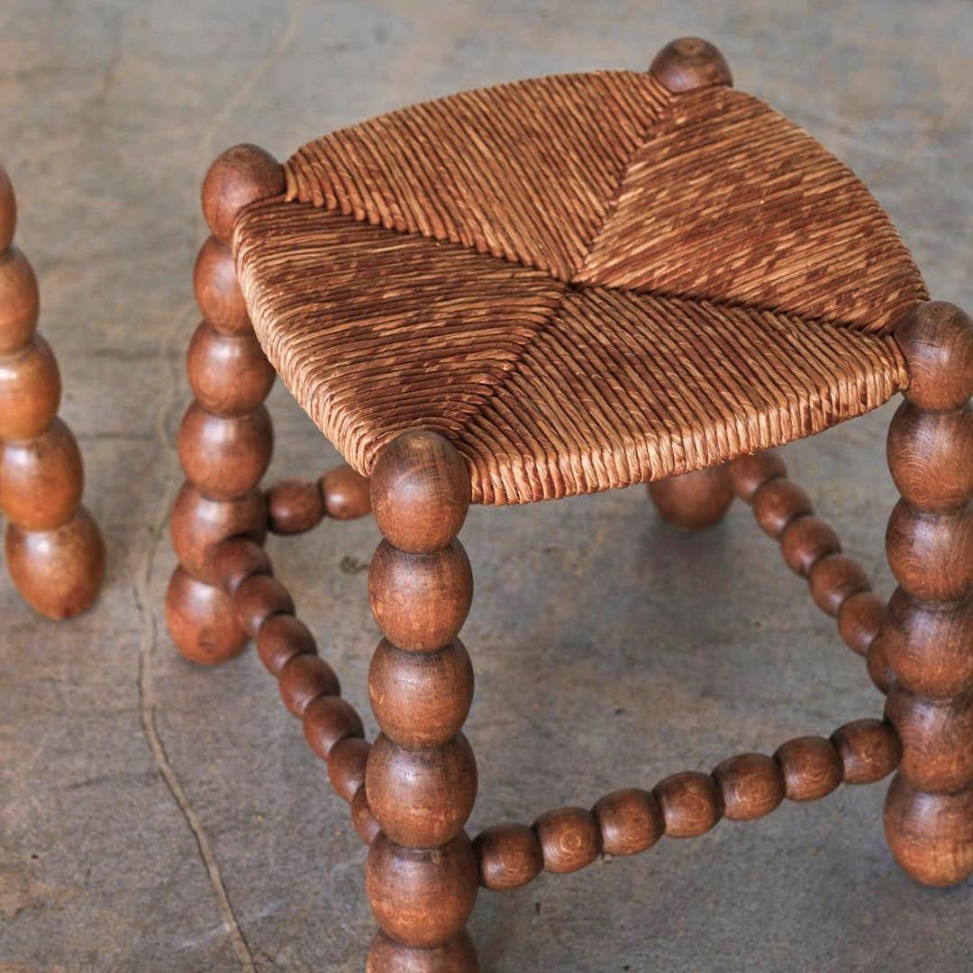 Pair of Bobbin Wood and Woven Stools 1