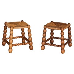 Vintage Pair of Bobbin Wood and Woven Stools