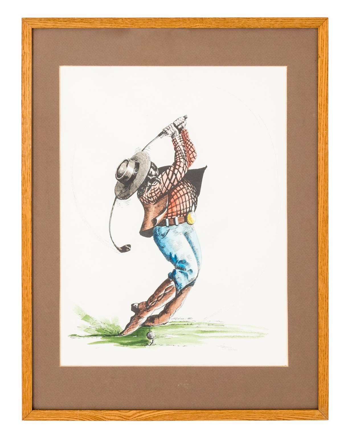 Contemporary pair of signed Bobby McFarin cowboy golfer prints #14/110 and #22/100 in custom frame and matting.
 