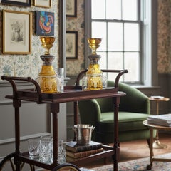 Pair of Bohemian Amber Crystal Decanters with Silver Neck Mounts