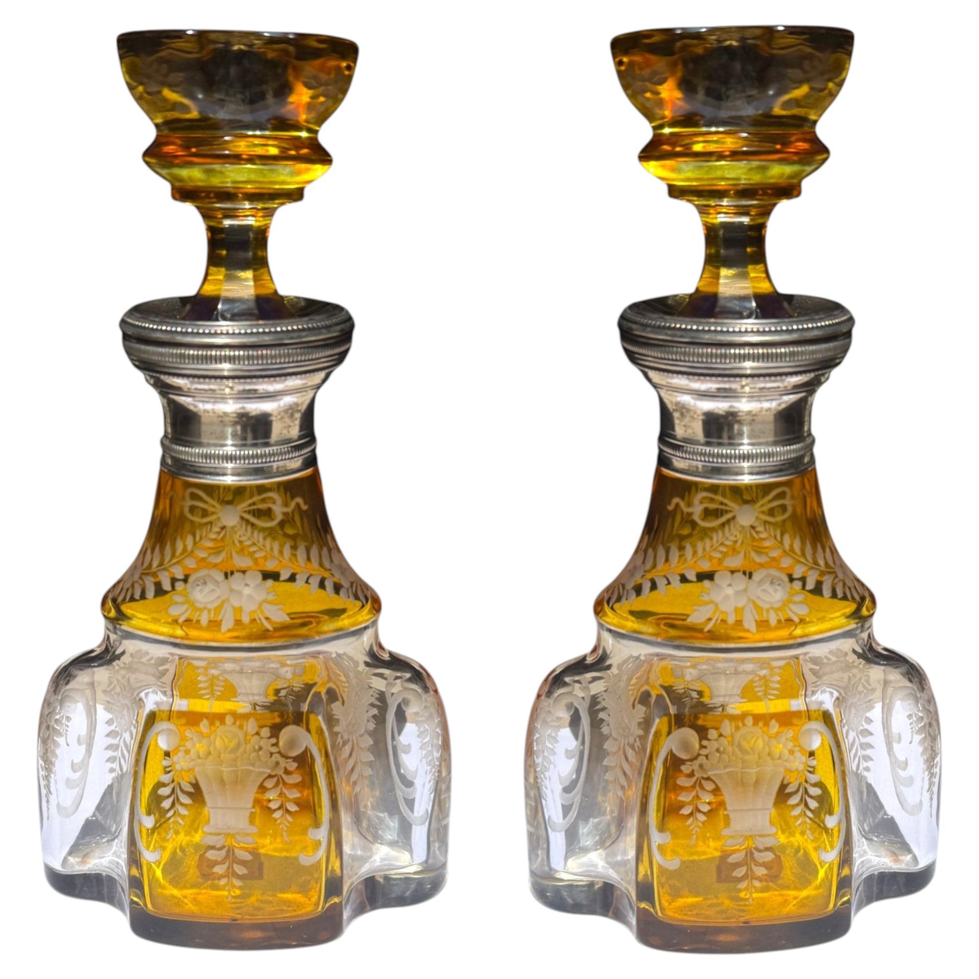 Pair of Bohemian Amber Crystal Decanters with Silver Neck Mounts