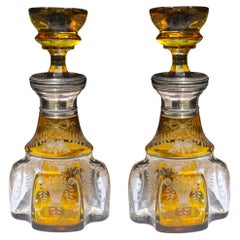 Pair of Bohemian Amber Crystal Decanters with Silver Neck Mounts