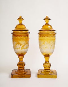 Pair of Bohemian Amber Crystal Hand-Carved And Etched Covered Pokals, 1880