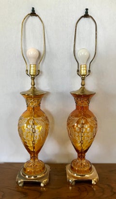 Pair of Bohemian Amber Cut to Clear Glass Table Lamps