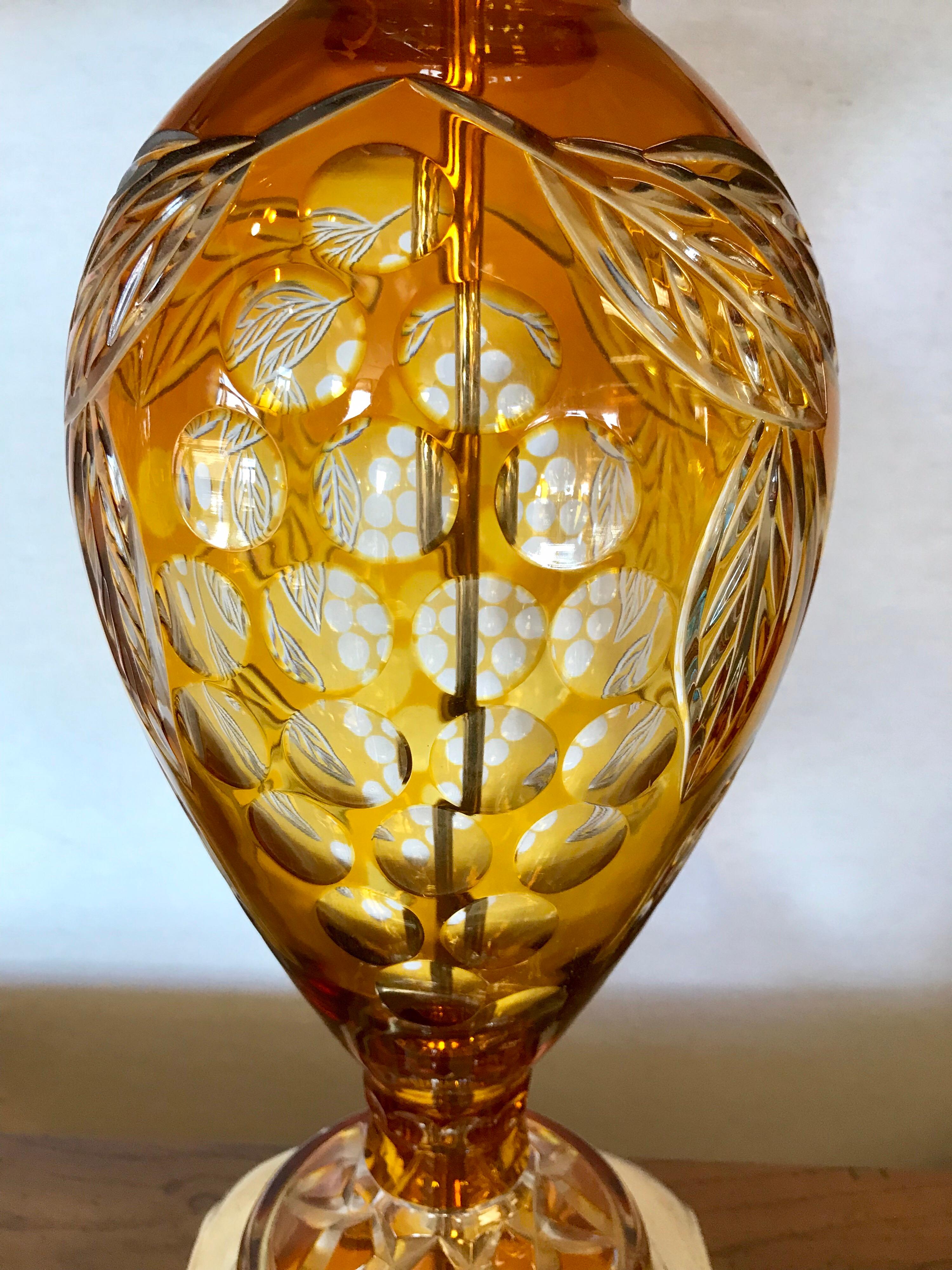 Mid-20th Century Pair of Bohemian Amber Cut to Clear Glass Table Lamps