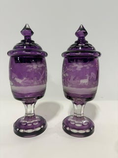 Pair Of Bohemian Amethyst Engraved Covered Beakers, Late 19th Century