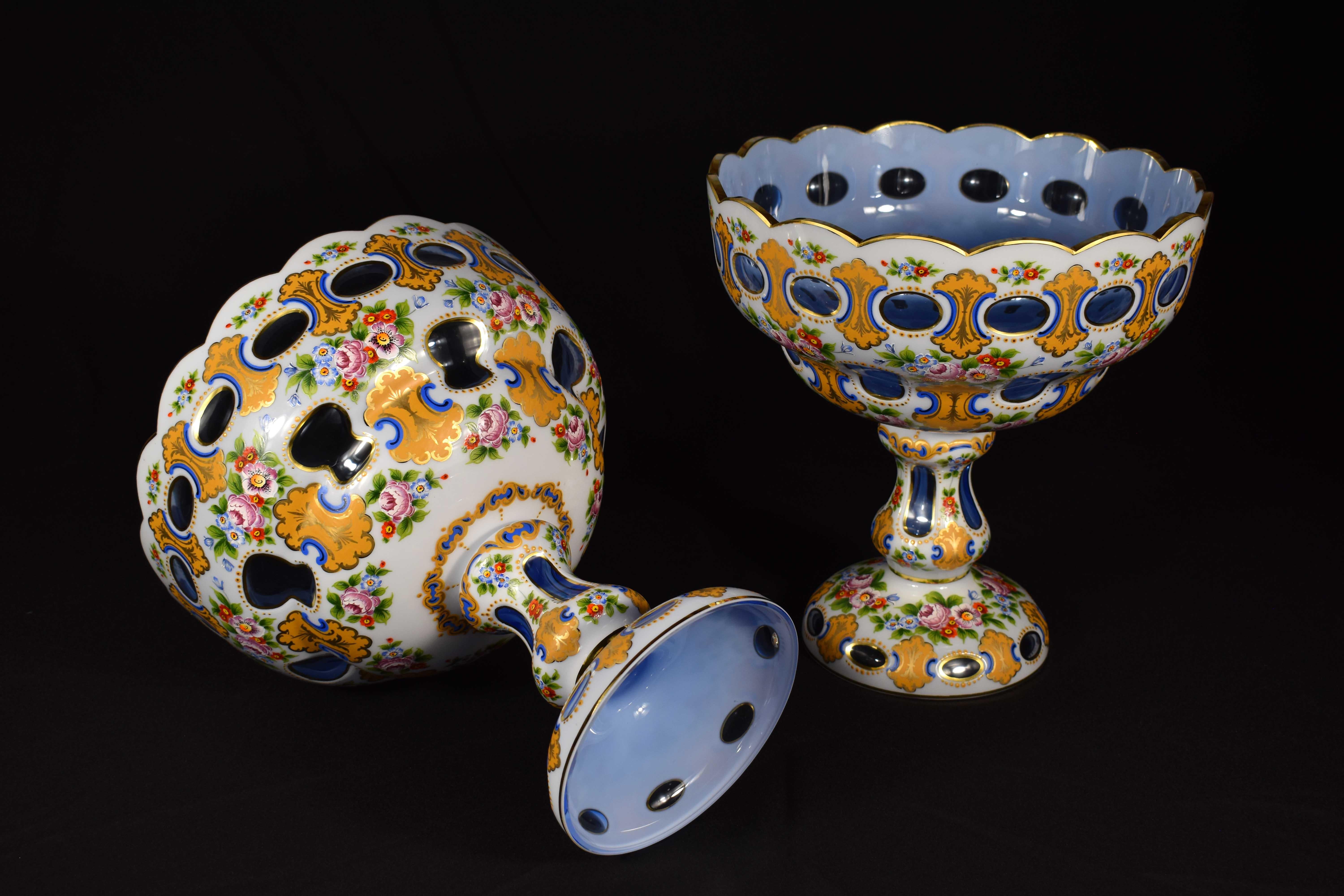 19th Century Pair of Bohemian Antique Light Cobalt Glass Overlaid Opal Fruit Bowls