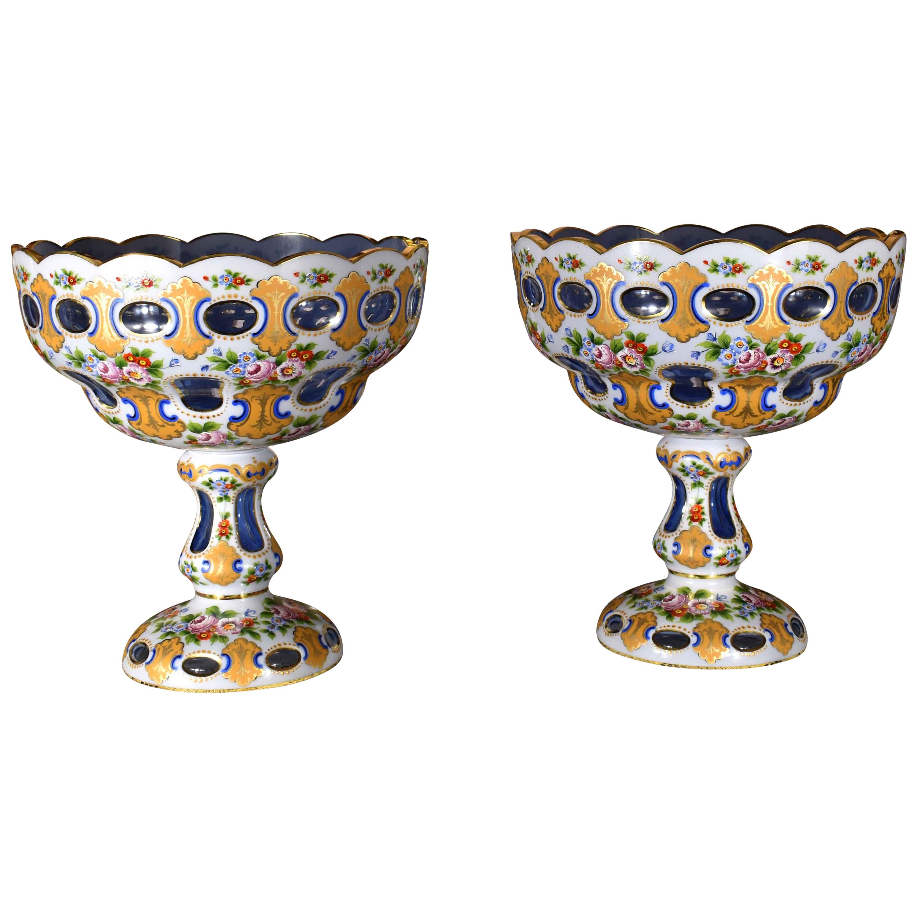 Pair of Bohemian Antique Light Cobalt Glass Overlaid Opal Fruit Bowls