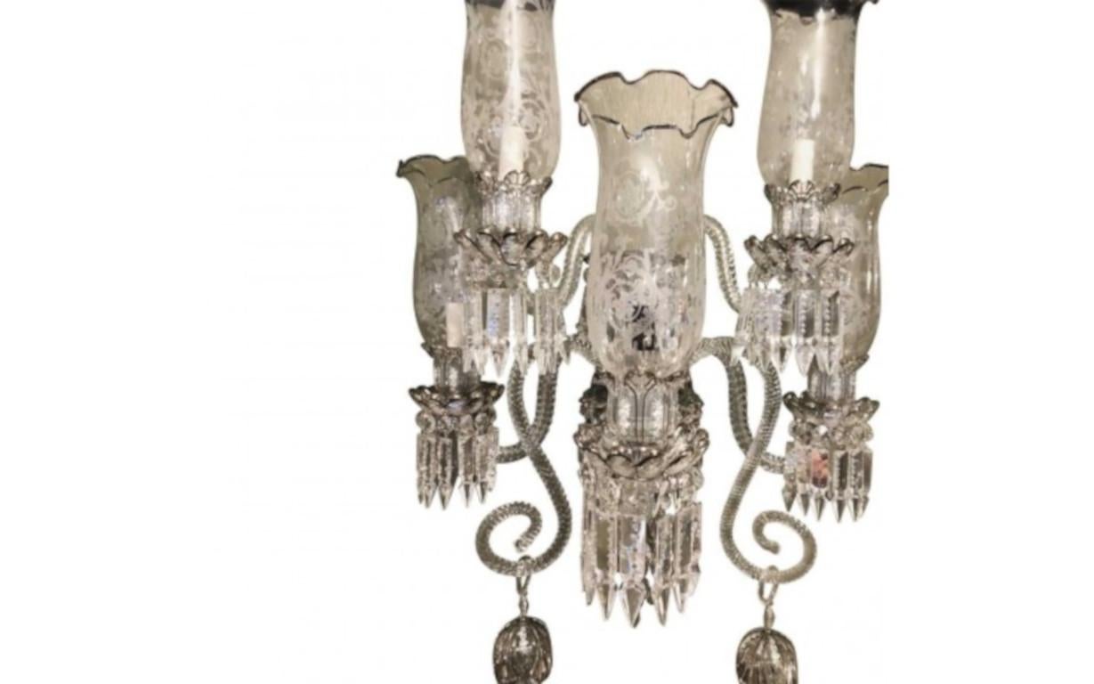 Pair of Bohemian glass Baccarat style platinum five-light sconces with removable shades.
It is an elegant style.
 