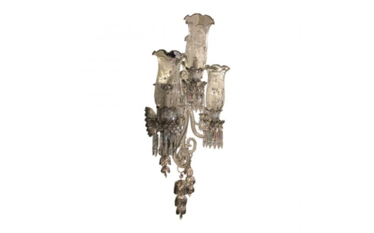 French Provincial Pair of Bohemian Baccarat Glass Style Platinum Five-Light Sconces For Sale