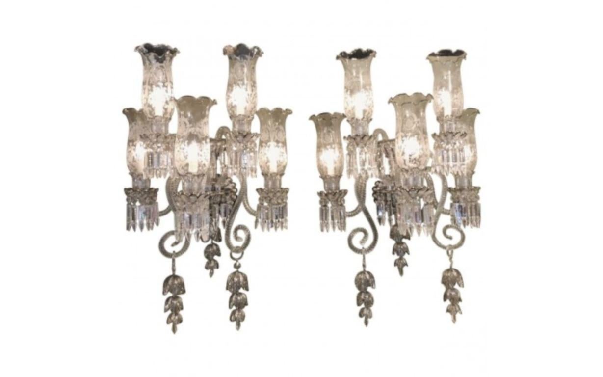 Czech Pair of Bohemian Baccarat Glass Style Platinum Five-Light Sconces For Sale