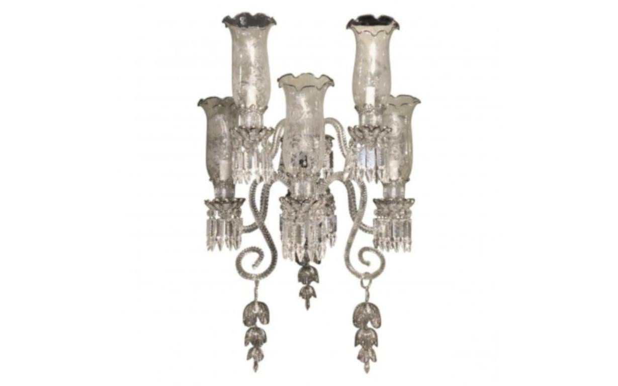 Pair of Bohemian Baccarat Glass Style Platinum Five-Light Sconces In Excellent Condition For Sale In Pasadena, CA