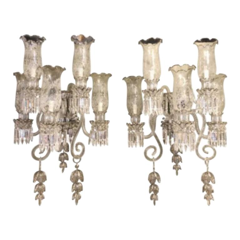 Pair of Bohemian Baccarat Glass Style Platinum Five-Light Sconces For Sale