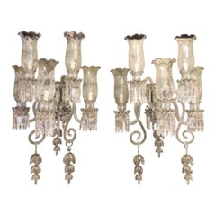 Pair of Bohemian Baccarat Glass Style Platinum Five-Light Sconces