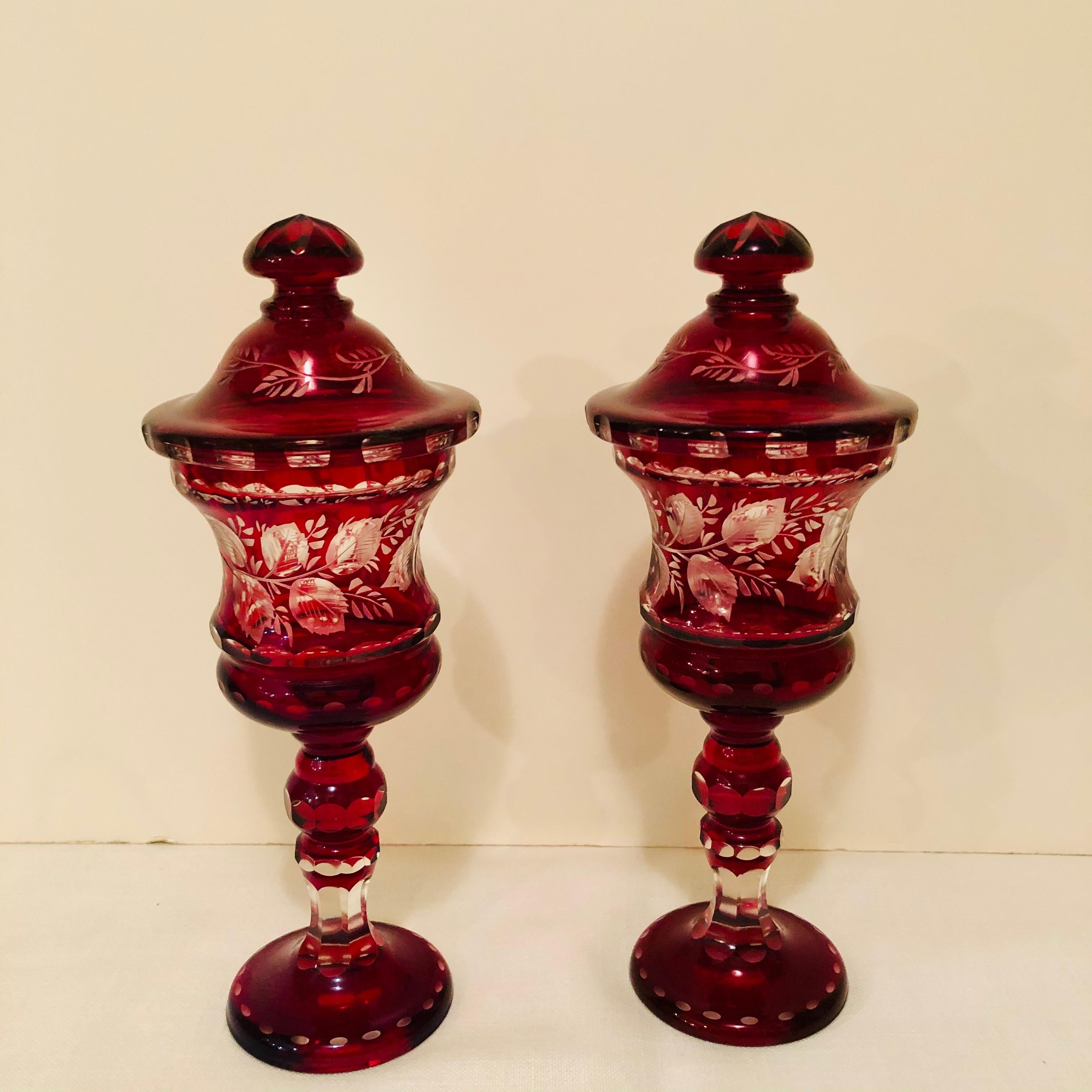 Late Victorian Pair of Bohemian Covered Vases with Wheel Cut Decoration of Flowers and Leaves