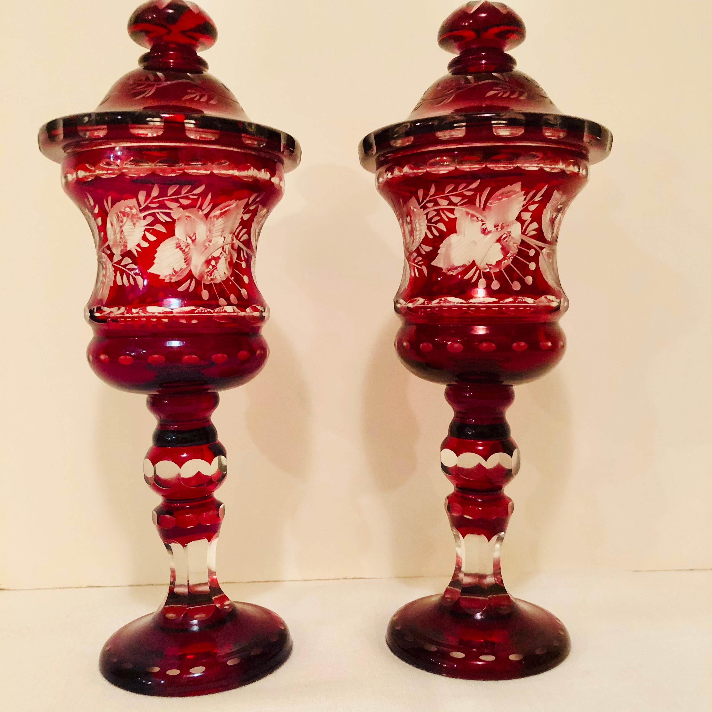Czech Pair of Bohemian Covered Vases with Wheel Cut Decoration of Flowers and Leaves