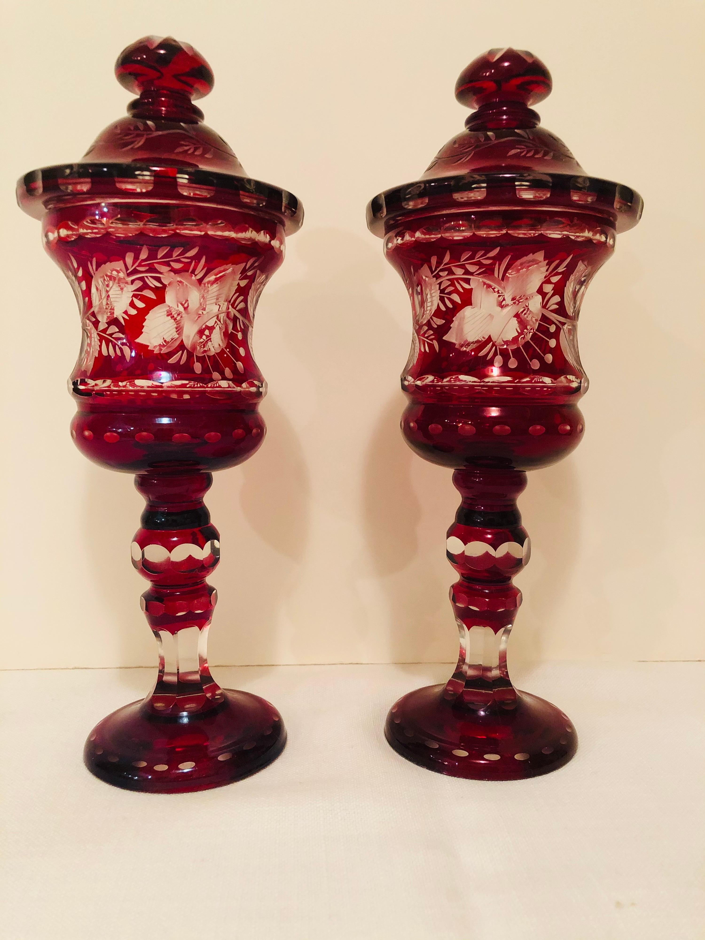 Other Pair of Bohemian Covered Vases with Wheel Cut Decoration of Flowers and Leaves