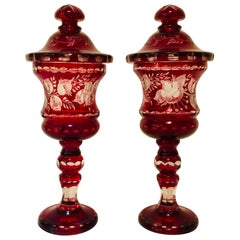 Pair of Bohemian Covered Vases with Wheel Cut Decoration of Flowers and Leaves
