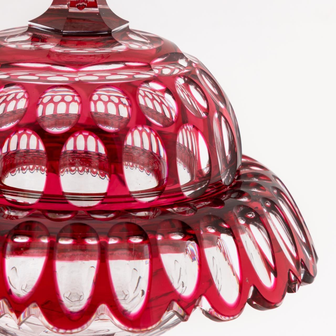 Pair of Bohemian Cranberry Cut Glass Lidded Compotes In Good Condition In Atlanta, GA