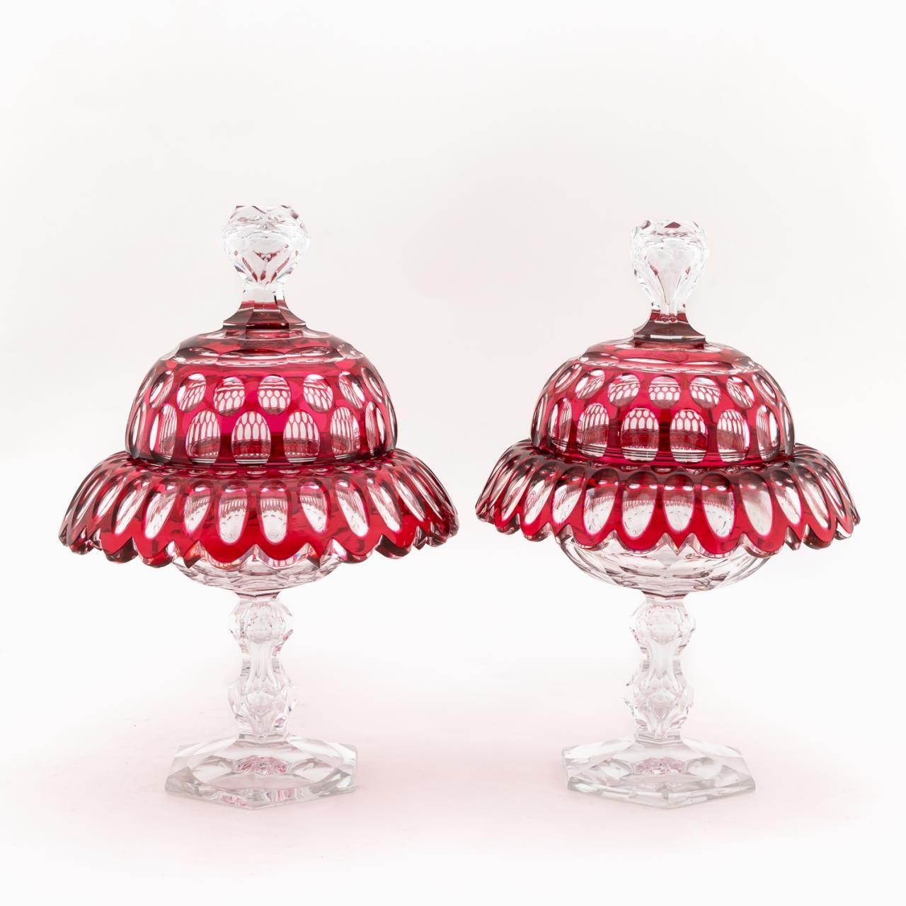 19th Century Pair of Bohemian Cranberry Cut Glass Lidded Compotes