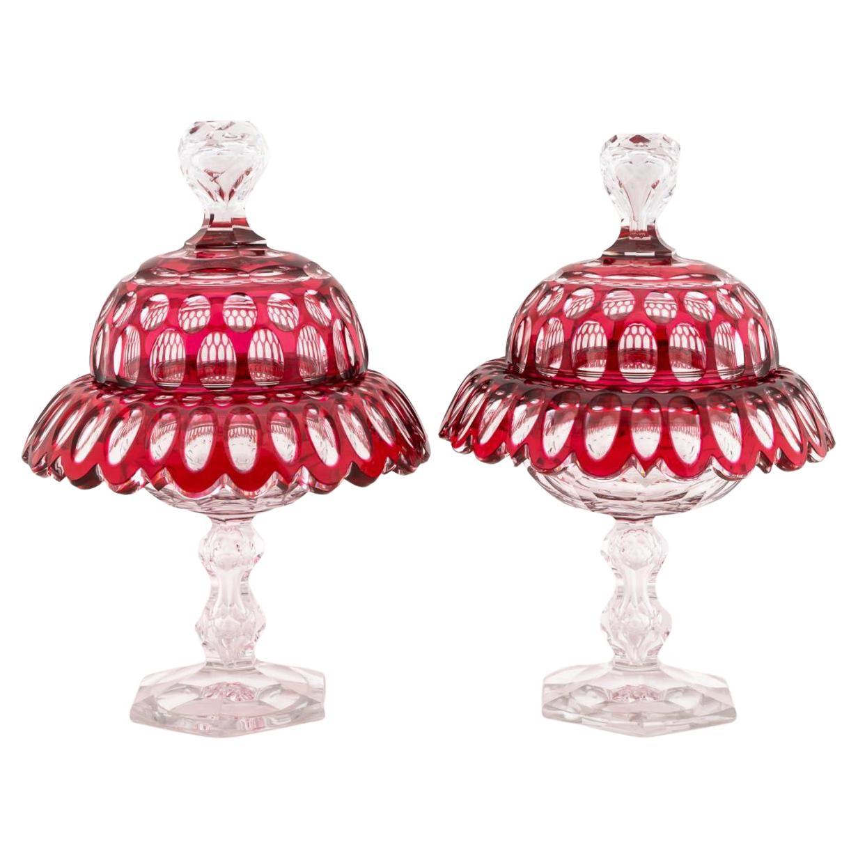 Pair of Bohemian Cranberry Cut Glass Lidded Compotes
