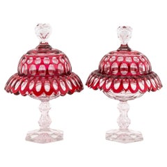 Antique Pair of Bohemian Cranberry Cut Glass Lidded Compotes