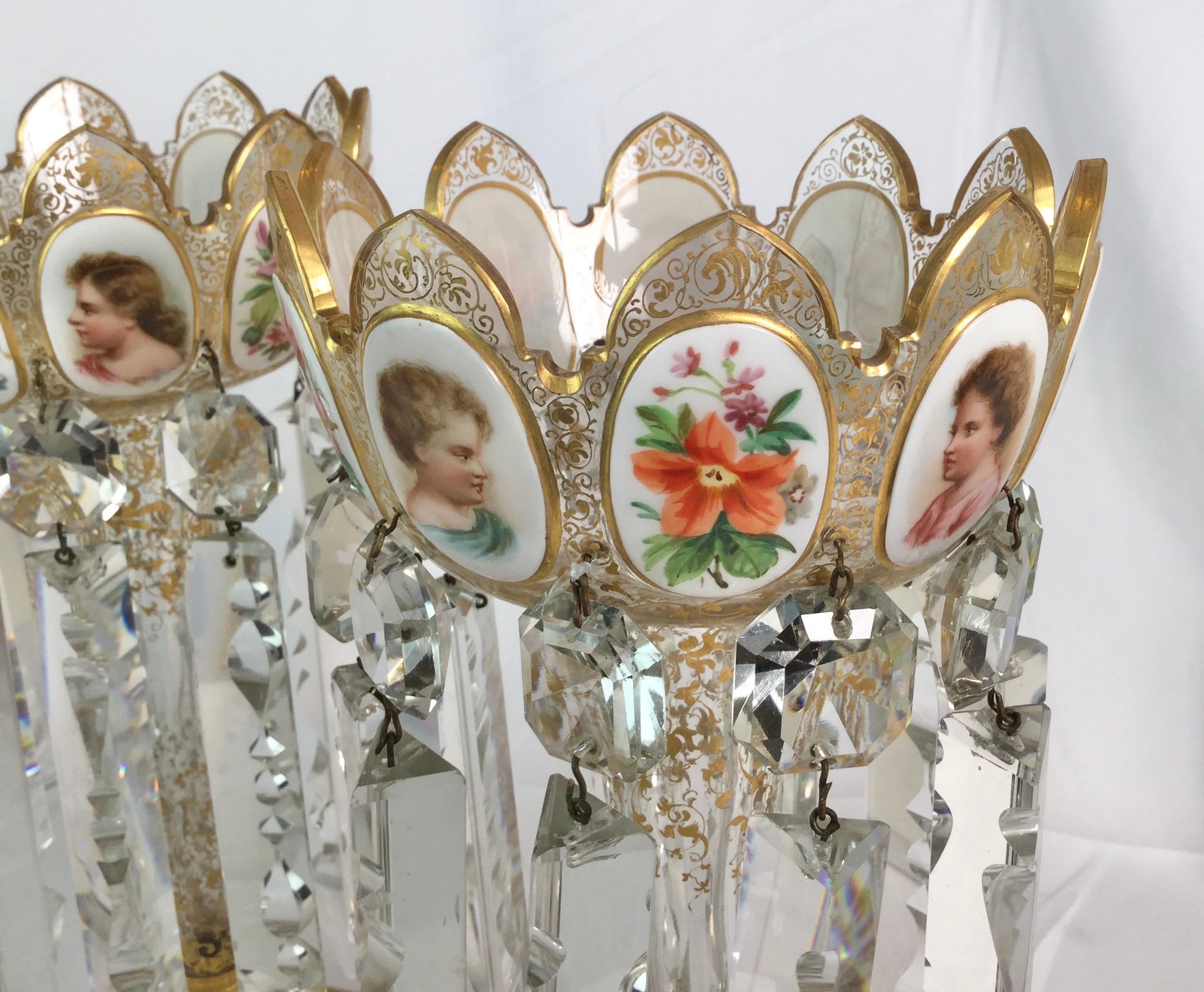 Czech Pair of Bohemian Crystal Lusters Hand Painted with Children's Portraits