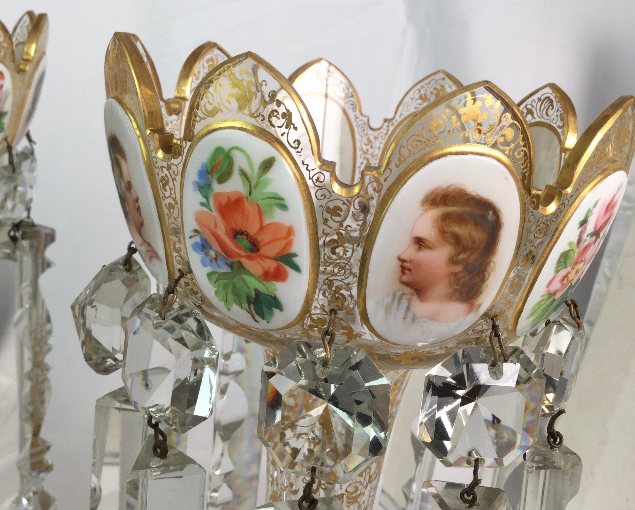 Pair of Bohemian Crystal Lusters Hand Painted with Children's Portraits In Good Condition In Lambertville, NJ