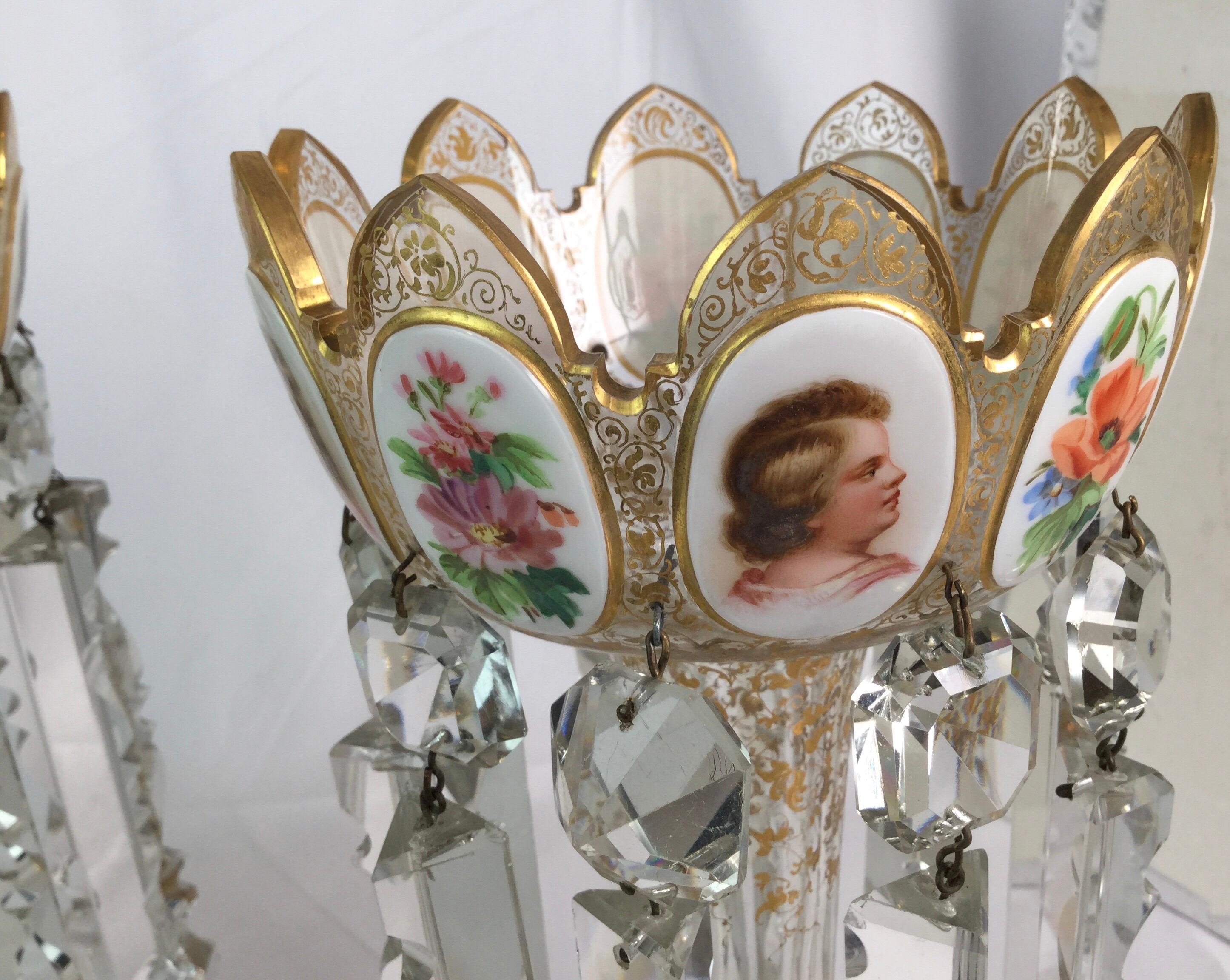 19th Century Pair of Bohemian Crystal Lusters Hand Painted with Children's Portraits