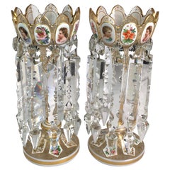 Pair of Bohemian Crystal Lusters Hand Painted with Children's Portraits