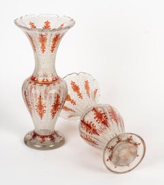 Pair of Bohemian Crystal Vases, Enamelled Decoration, Napoleon III, 19th Century