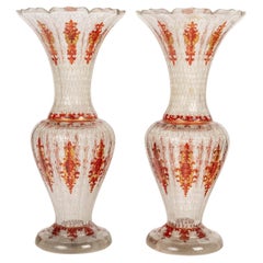 Antique Pair of Bohemian Crystal Vases, Enamelled Decoration, Napoleon III, 19th Century