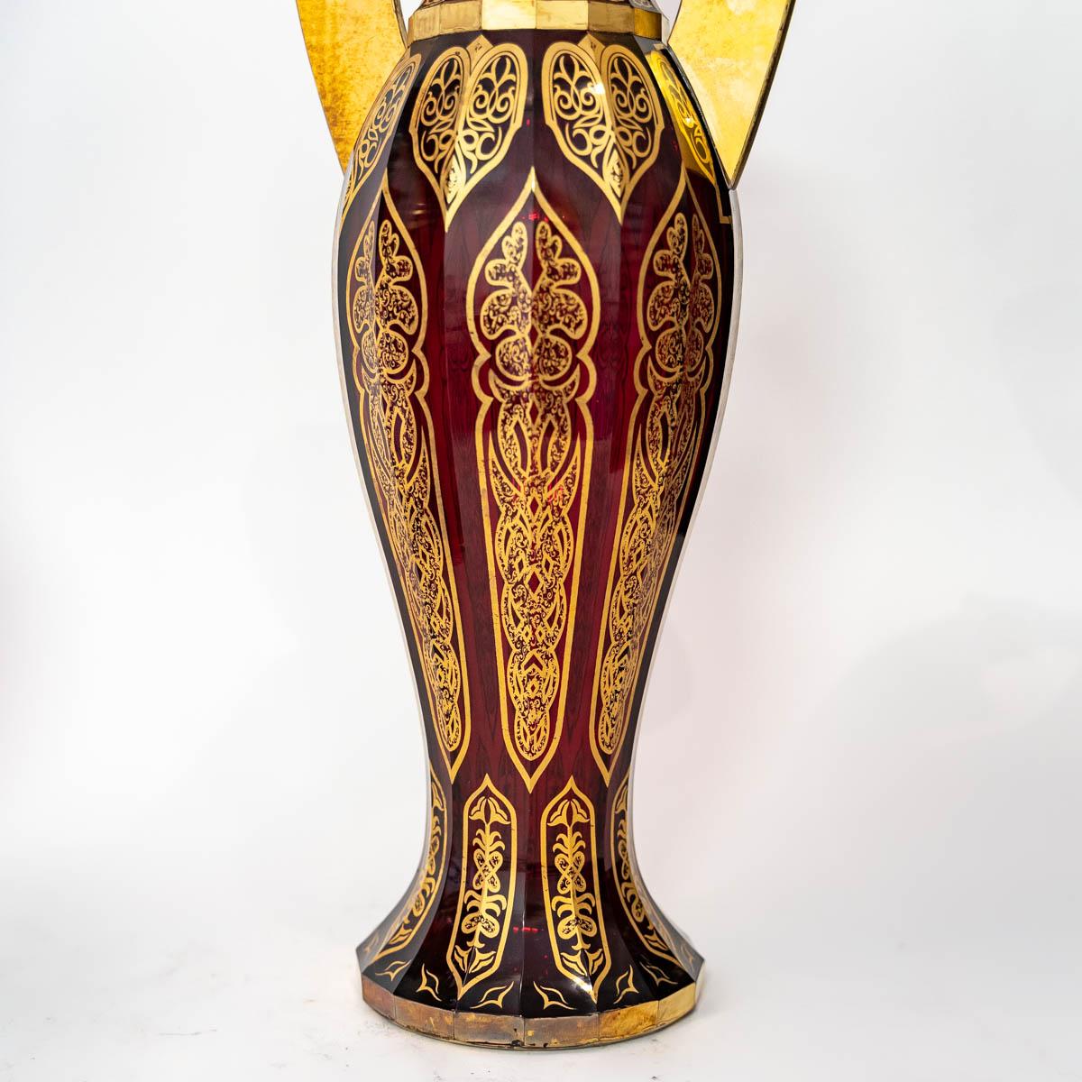 European Pair of Bohemian Cut Crystal Vases in Ruby Red and Gold, 19th Century For Sale