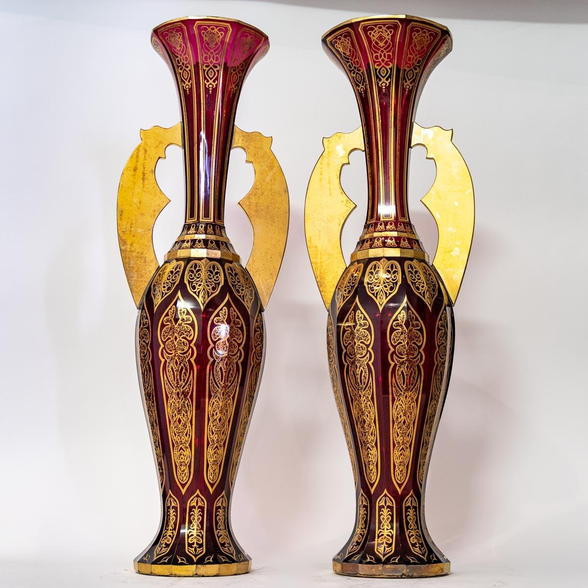 Pair of Bohemian Cut Crystal Vases in Ruby Red and Gold, 19th Century For Sale 1