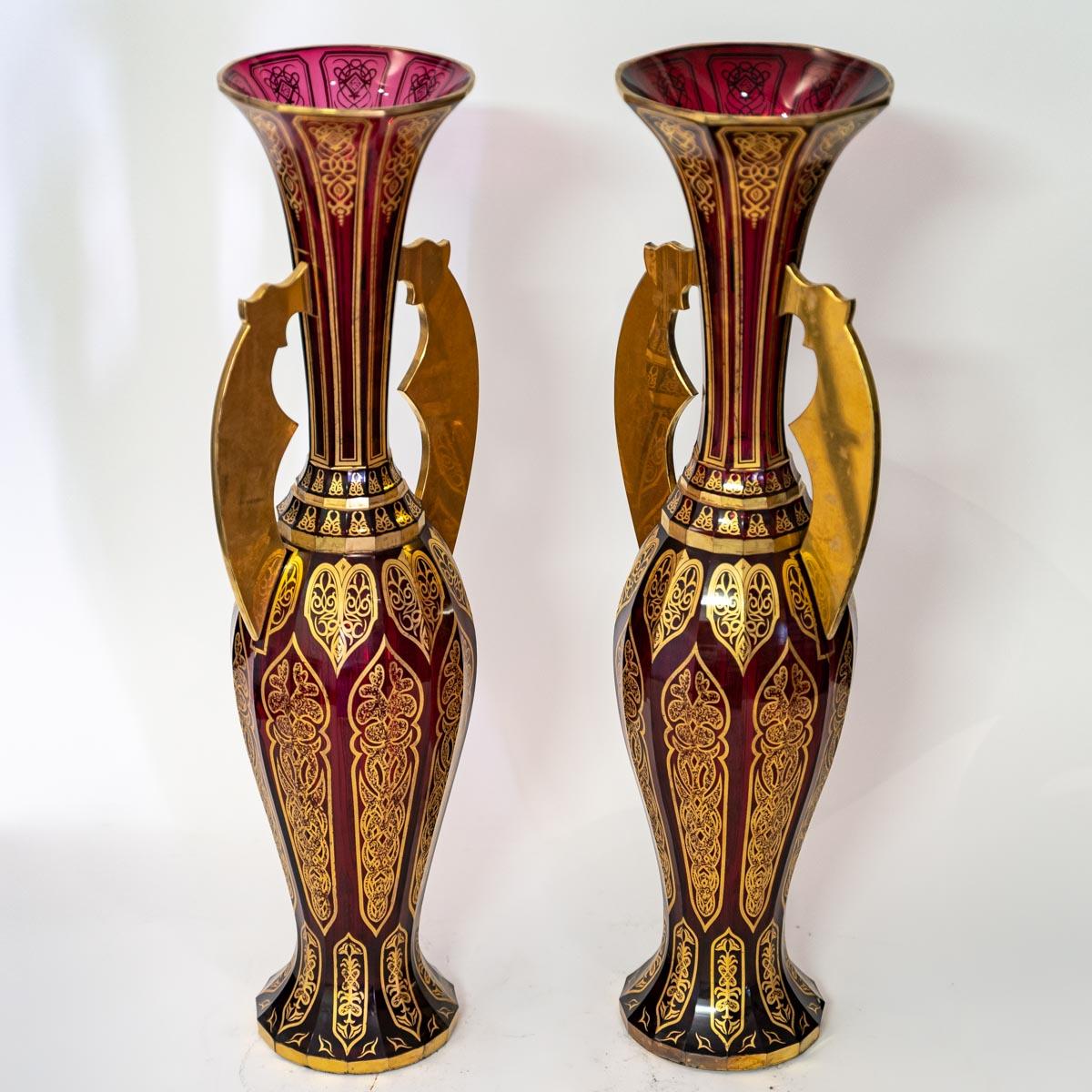 Pair of Bohemian Cut Crystal Vases in Ruby Red and Gold, 19th Century For Sale 2