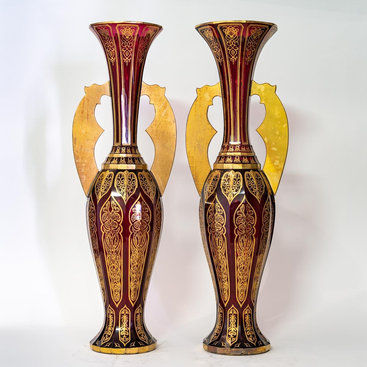 Pair of Bohemian Cut Crystal Vases in Ruby Red and Gold, 19th Century For Sale 3