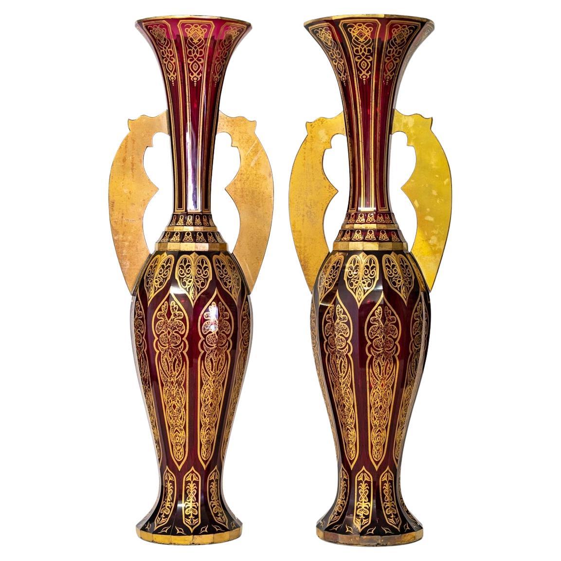 Pair of Bohemian Cut Crystal Vases in Ruby Red and Gold, 19th Century For Sale
