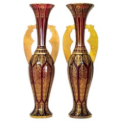 Antique Pair of Bohemian Cut Crystal Vases in Ruby Red and Gold, 19th Century