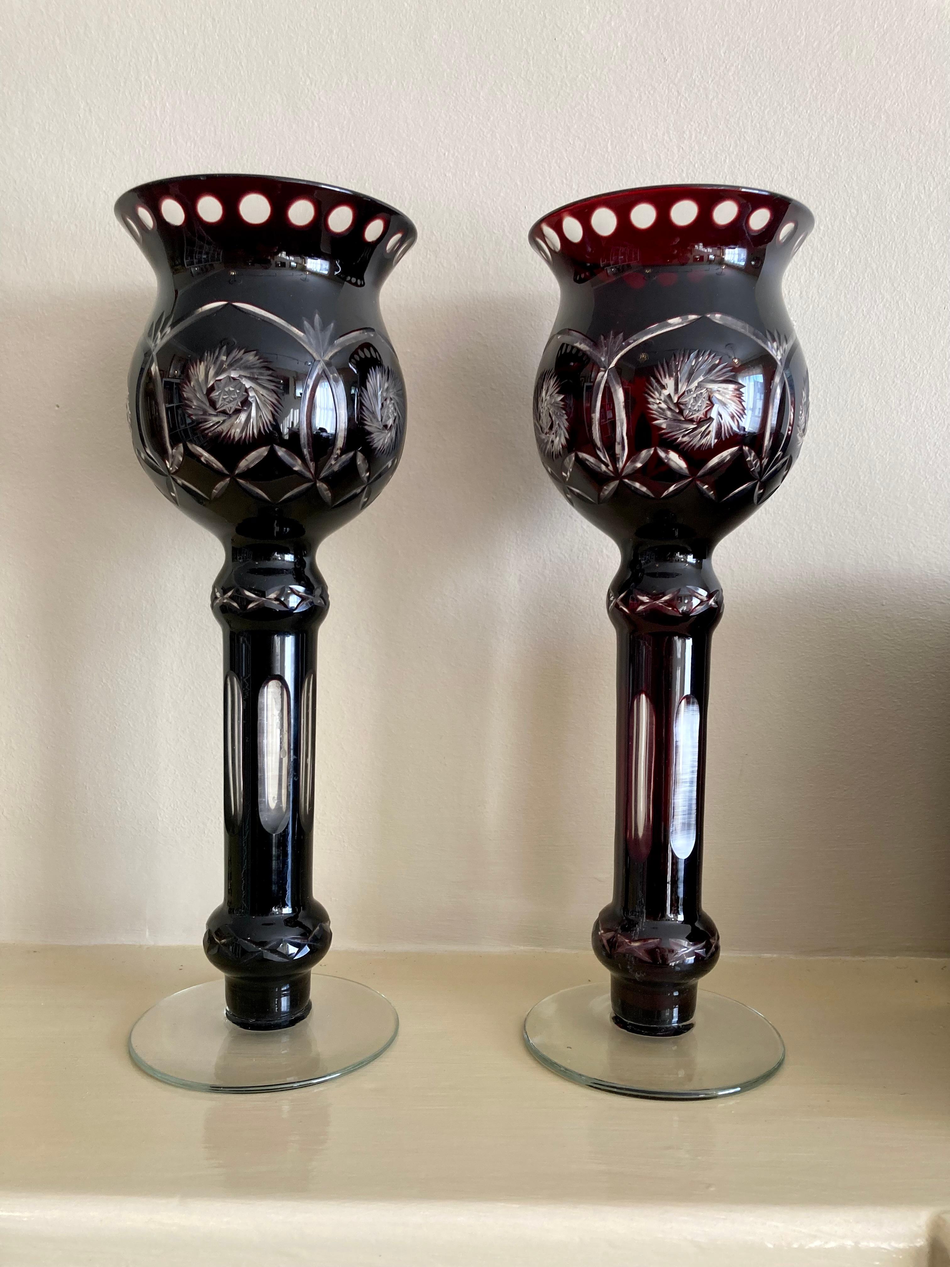 Paar böhmische Kerzenlampen aus geschliffenem Glas (Böhmisch) im Angebot
