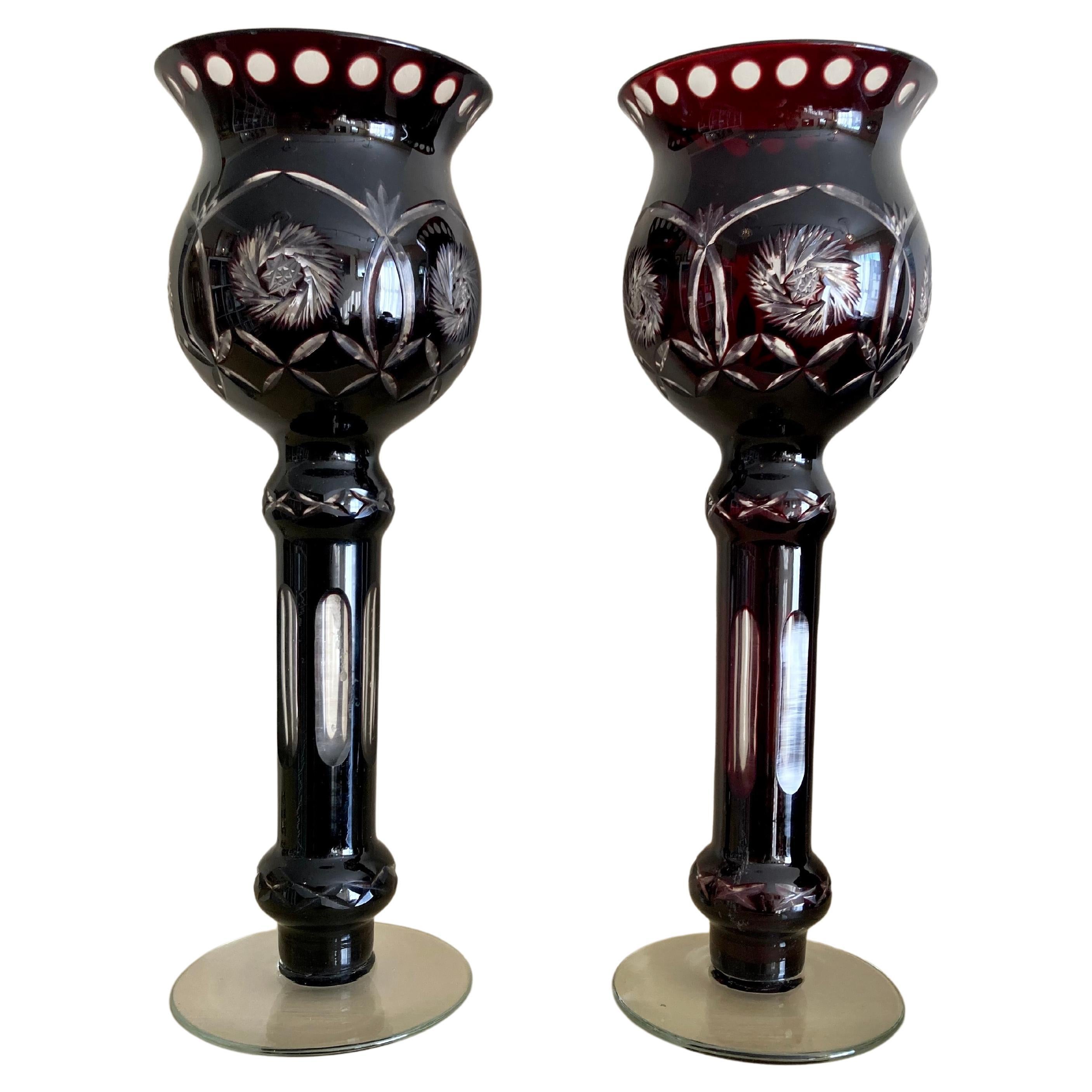 Paar böhmische Kerzenlampen aus geschliffenem Glas im Angebot