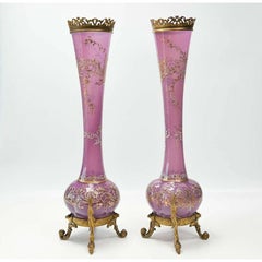 Pair of Bohemian Enamel Purple Glass & Gilt Bronze Mounted Vases, 19th Century