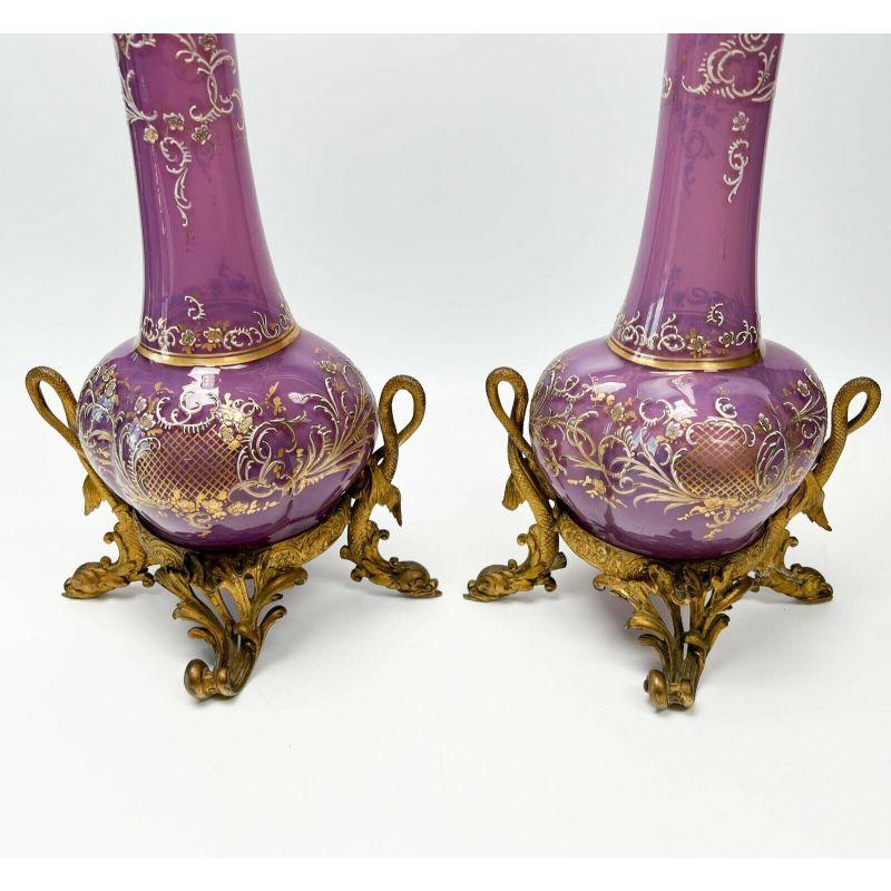 Pair of Bohemian Enamel Purple Glass & Gilt Bronze Mounted Vases, 19th Century In Good Condition For Sale In Gardena, CA