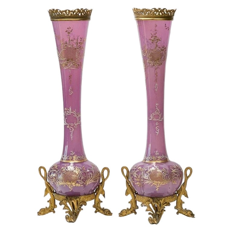 Pair of Bohemian Enamel Purple Glass 
Gilt Bronze Mounted Vases, 19th Century For Sale
