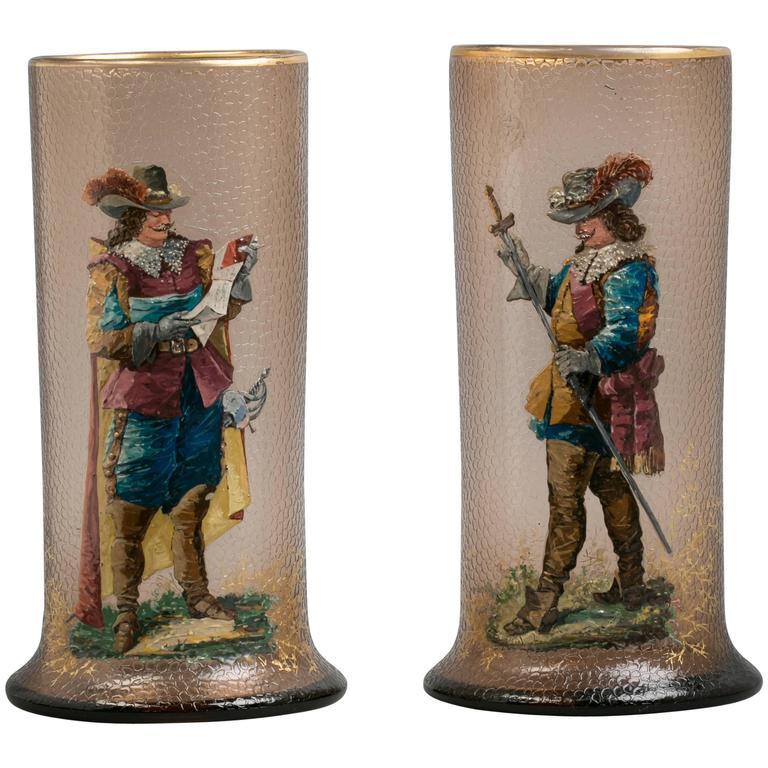 Pair of Bohemian Enameled Glass Vases, circa 1890 In Good Condition For Sale In New York, NY